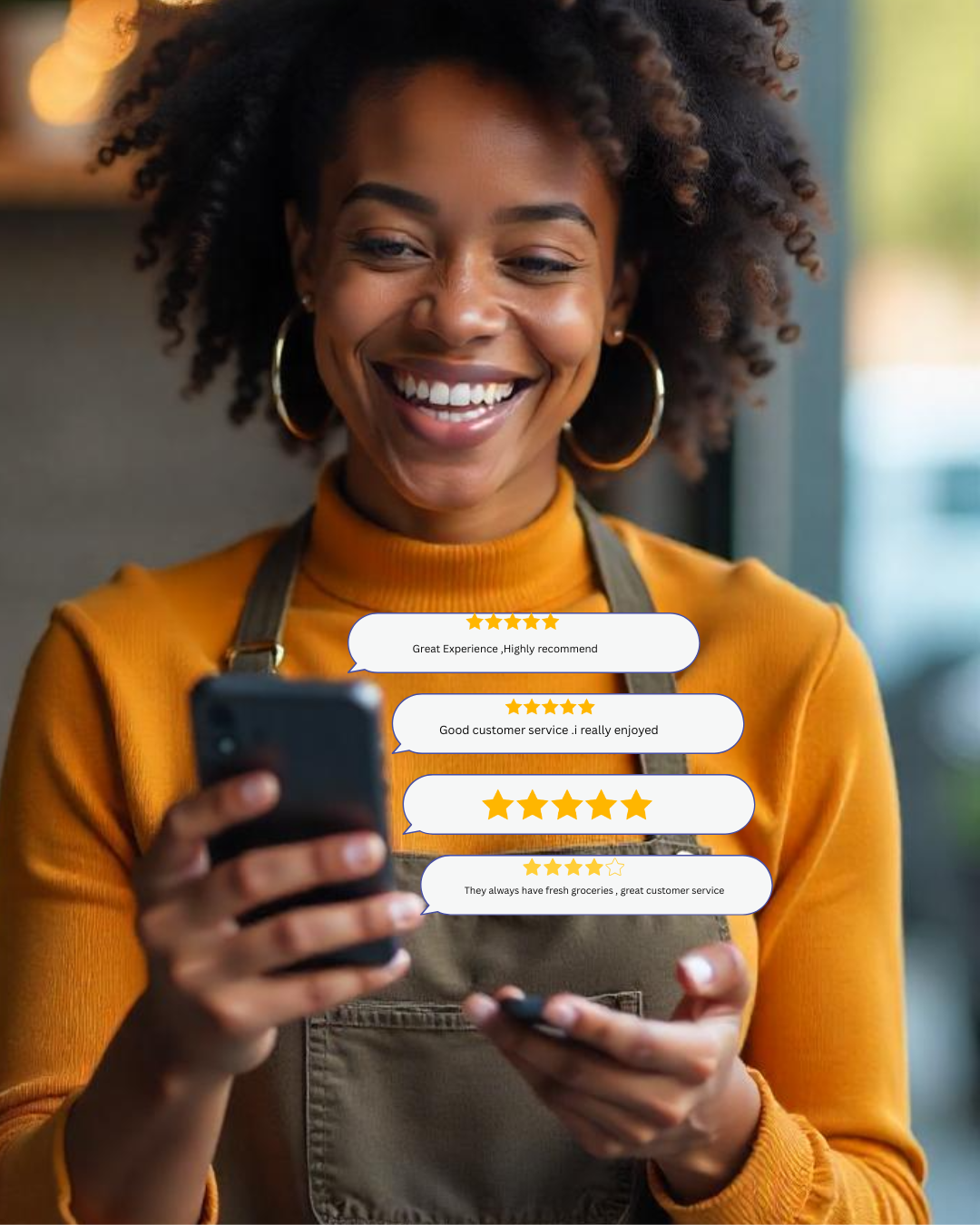 AI-powered reputation management showing online reviews and star ratings on mobile device